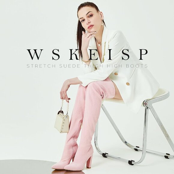 Women's Pink Suede Thigh High Boots Pointed Toe Over The Knee High Winter Boot - Picture 4 of 5